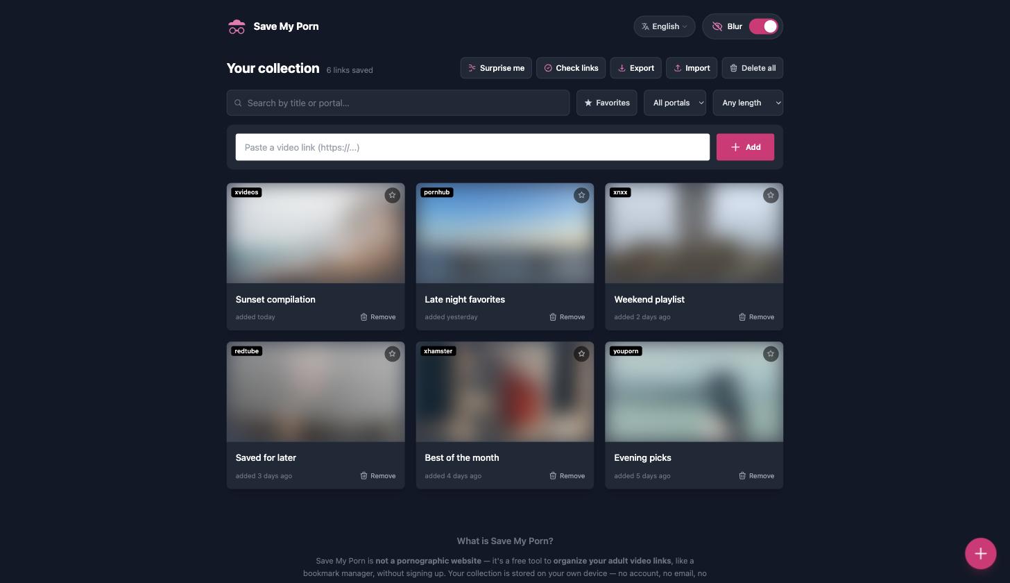 Save My Porn collection view — saved adult video links shown as cards, ready to sync across devices with Dropbox